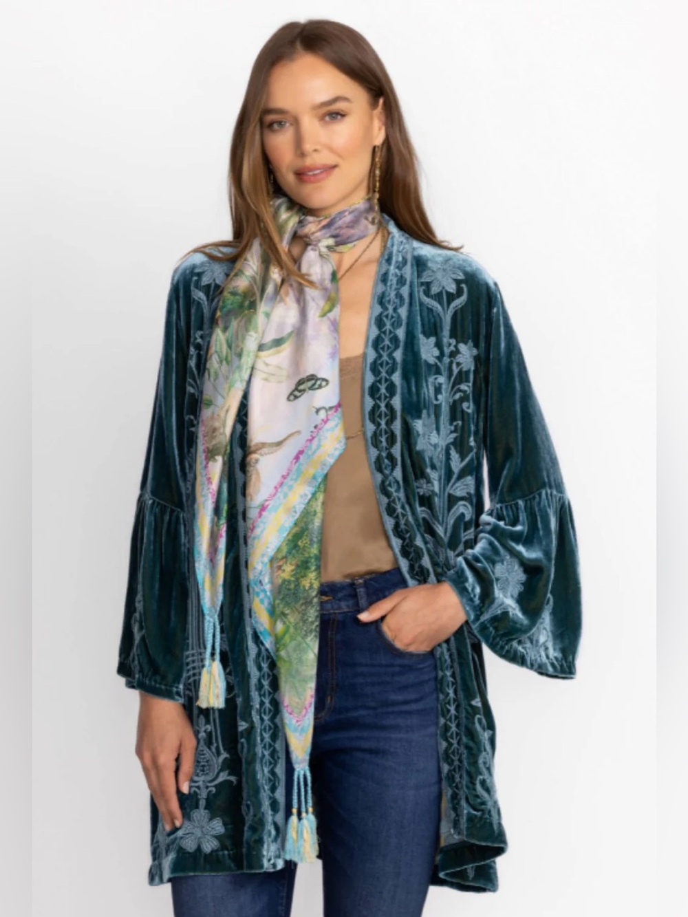 Floriana 3XL Teal Embroidered Velvet Kimono Cardigan Boho Open Front Duster